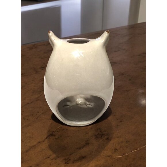 Vintage Ceramic Owl Candle Holder With Distressed Brown & White Finish - Picture 3 of 11